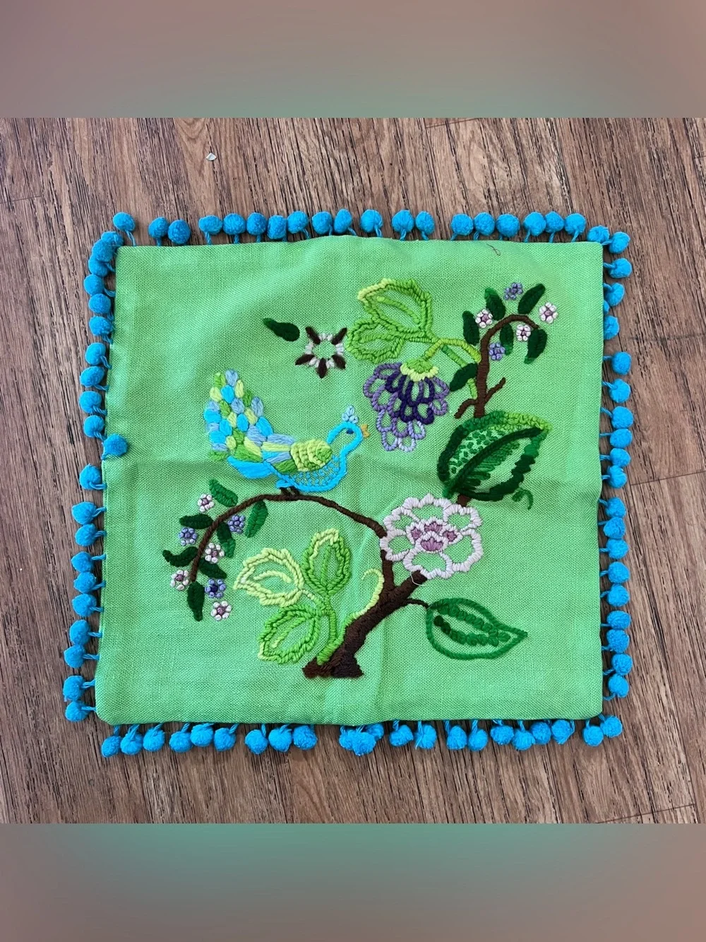 Embroidered Green Floral Accent Pillow Cover with Blue Pom Trim Square boho bird